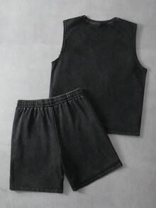 PAVTROS Bộ 2 món phong cách đường phố dành cho nam, áo không tay và quần short retro cá tính, chất liệu cotton giặt mài cổ điển, họa tiết đường phố tối màu, thiết kế đồ họa văn hóa tôn giáo, hip hop, thể thao đường phố, chủ đề tiệc nghệ thuật, unisex, cặp đôi, quà tặng ngày lễ. - màu đen - Xem 2