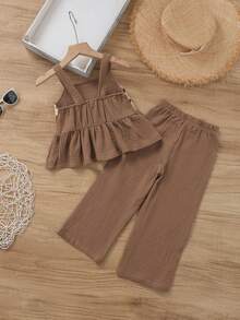 SHEIN 女童吊带背心和阔腿裤两件套，钩针吊带上衣搭配复古碎花裤，复古乡村风可爱休闲夏季套装 - 咖啡棕 - 查看 3