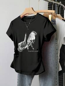 Teen Girl Summer Casual Hand Gesture Print Ruched Waist T-Shirt - Black - View 1