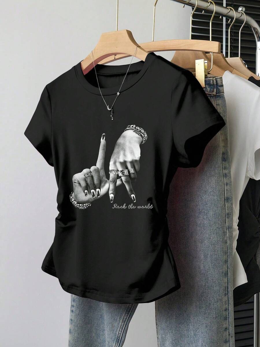 Teen Girl Summer Casual Hand Gesture Print Ruched Waist T-Shirt - Black - View 1