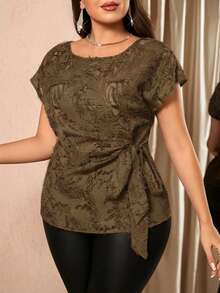 Reflora Plus Size Women Round Neck Batwing Short Sleeve Side Tie Blouse - Brown - View 8