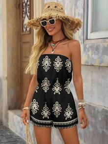 Brillora 休闲简约度假波西米亚风优雅浪漫复古印花图案，音乐节、海滩装、度假装、夏季户外女式抹胸短裤连体裤 - 彩色 - 查看 4