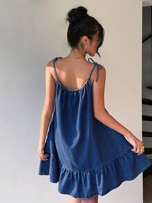 Aloruh 女士休闲荷叶边吊带牛仔连衣裙，夏季 - 深色水洗藍 - 查看 2