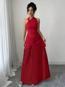 Elenzga Women's Color Block Halter Backless Elegant Waist Cinched Long Party Dress - Red - View 5