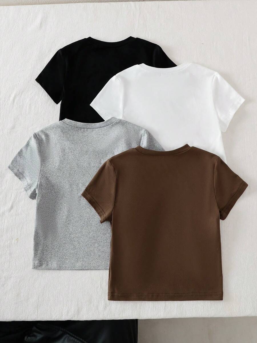 5 piezas Camiseta para niñas preadolescentes con diseño de manga corta y fruncido en la cintura, informal y versátil para deportes, primavera/verano - Multicolor - Ver 1