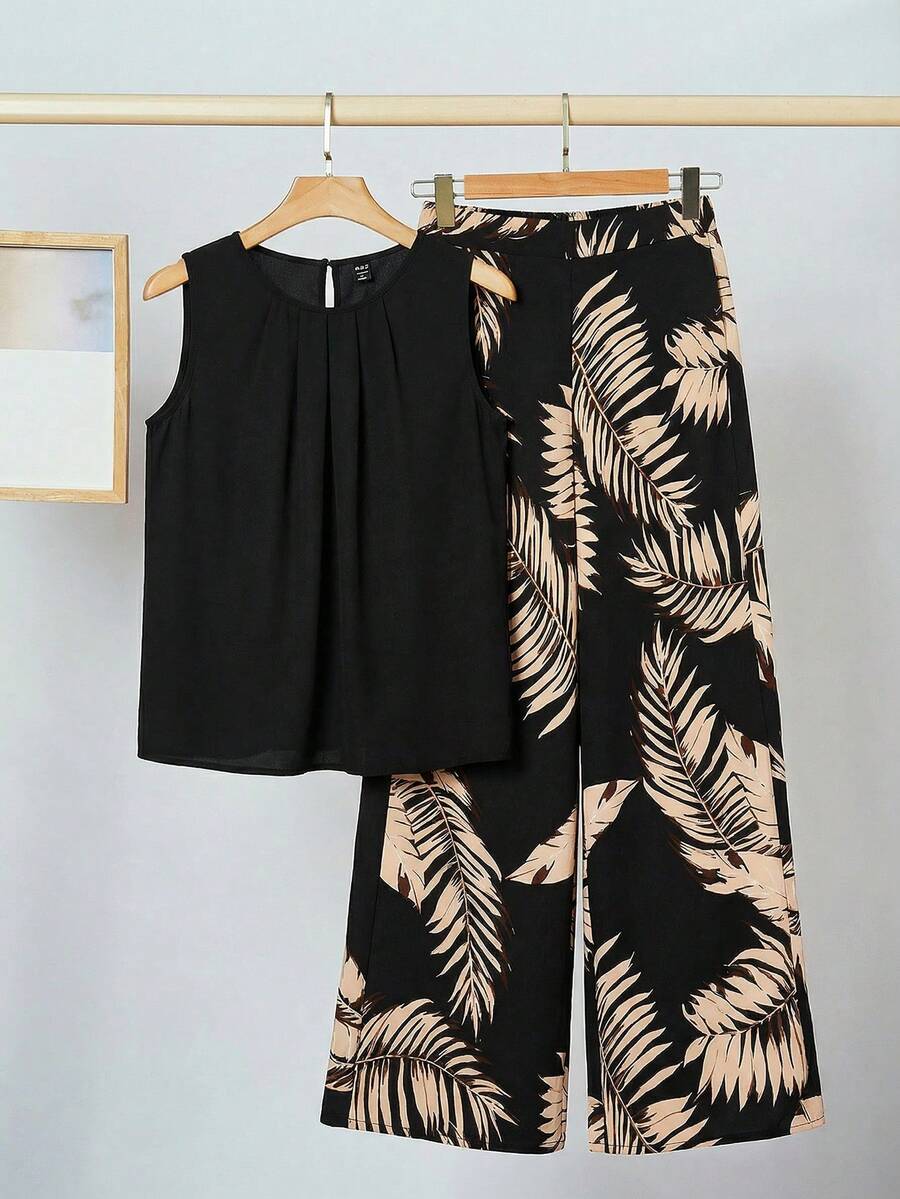 SHEIN 少女宽松圆领无袖粉色碎花上衣和阔腿裤两件套度假套装 - 彩色 - 查看 1