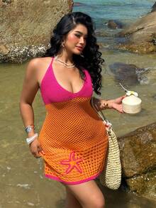 Sunnyshic Đầm len móc thủ công hai màu hình sao biển, họa tiết dopamine, dành cho nữ cỡ lớn, kiểu dáng gợi cảm, dễ thương, thích hợp cho mùa xuân, hè và thu, lý tưởng cho trang phục đi nghỉ mát ở bãi biển. - trái cam - Xem 6