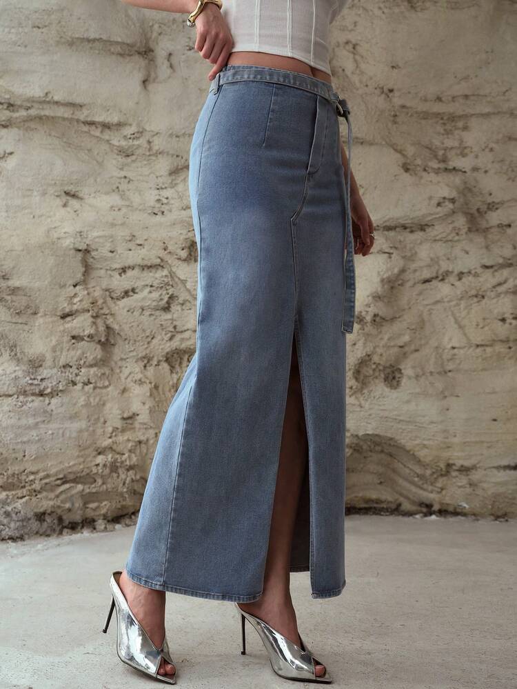 SPRING/SUMMER BELTED SPLIT THIGH DENIM SKIRT