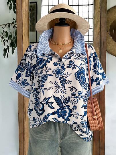 Rusticease Chemise à manches courtes avec imprimé blocs de couleurs pour femmes grande taille