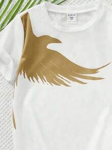 SHEIN Streecool Kids 两件套男童老鹰印花短袖T恤和短裤，休闲套装 - 杏色 - 查看 5