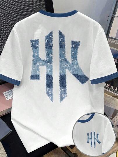 Manfinity Joysei 男士休闲拼接T恤，春夏牛仔印花撞色短袖T恤，简约时尚，基础款圆领休闲上衣，适合度假和夏季假期穿着