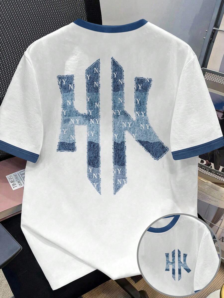 Manfinity Joysei 男士休闲拼接T恤，春夏牛仔印花撞色短袖T恤，简约时尚，基础款圆领休闲上衣，适合度假和夏季假期穿着 - 彩色 - 查看 1