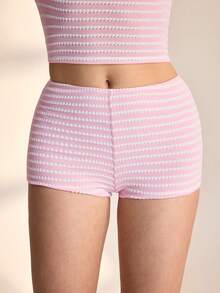 女士假日套装条纹针织不对称短裤 - 粉色 - 查看 4