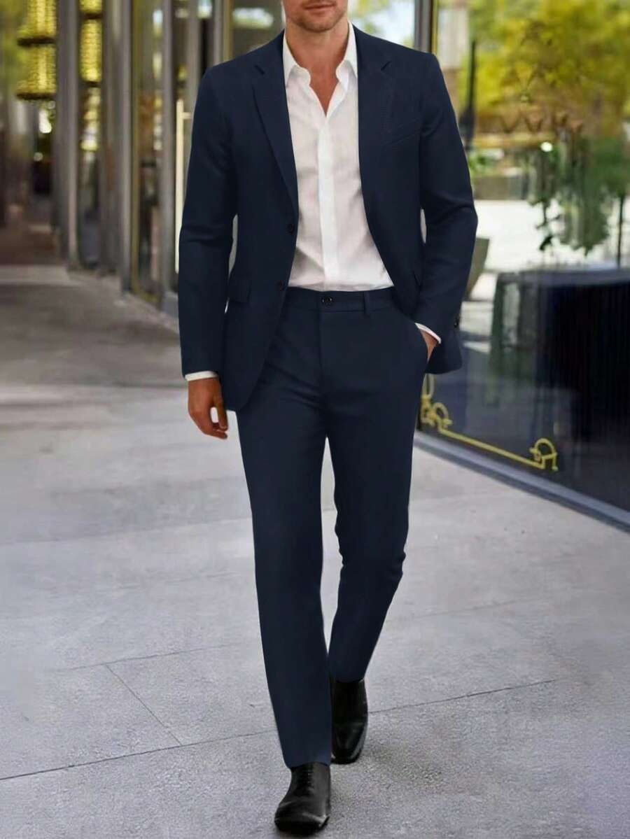 Manfinity Mode 男士深藍色兩件套西裝組,優雅秋季平駁領西裝外套與長褲,紋理面料休閒商務婚禮西裝,適用於正式通勤、儀式 - 藏蓝色 - 查看 1