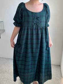 Dazy Plus Camisón largo holgado de mujer talla grande con cuello de pico y mangas cortas a cuadros, vestido cómodo para el hogar en primavera y verano - Verde Oscuro - Ver 5