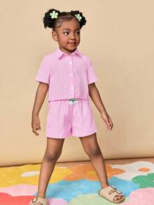 Travachic KIDS 2pcs Young Girl Woven Solid Striped Casual Shirt And Shorts Set - Pink - View 4