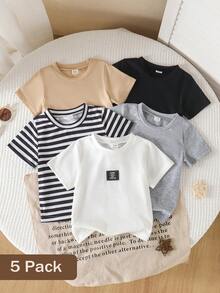 SHEIN 5件套男婴休闲舒适白色T恤，春夏款 - 彩色 - 查看 3