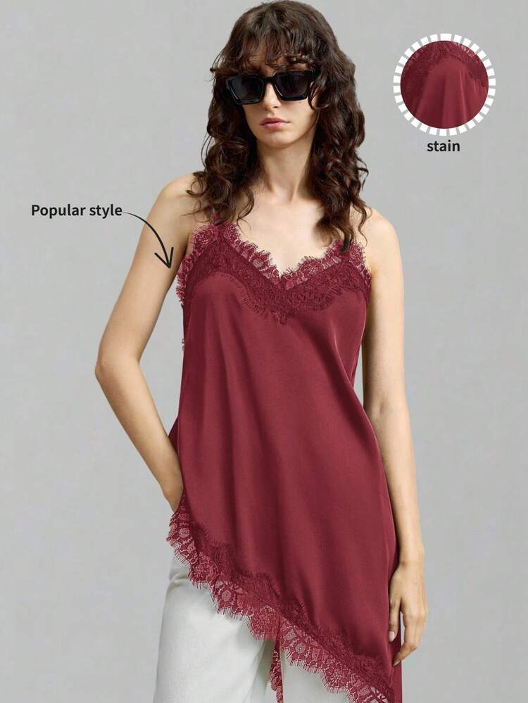 2026 Women's Burgundy Satin Fabric Comfortable Soft Lace Trim Asymmetric Hem Camisole Top, Suitable For Urban Commute, Business Casual, Elegant, Valentine's Day, Summer, Wedding Guest, Holiday Top For Women Elegant Maroon Top Burgundy Top For Women Wine Red Top Cami Top For Women