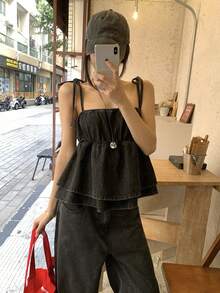 FRIFUL 女士牛仔吊带双蝴蝶结吊带背心和阔腿裤套装 - 藍色 - 查看 2