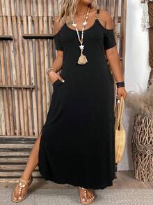 SHEIN CURVE+ Đầm mùa hè màu đen cỡ lớn, kiểu dáng thường ngày, hở vai, thích hợp cho phụ nữ đi làm. - màu đen - Xem 3