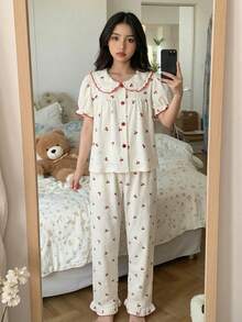 SHEIN Tween Girl Loose Casual Simple Comfortable Lapel Petal Sleeve Polka Dot Pattern Loungewear Tween Girl - Multicolor - View 1
