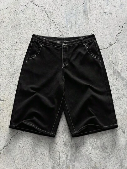 Open Phase 男式纯色口袋休闲宽松牛仔短裤