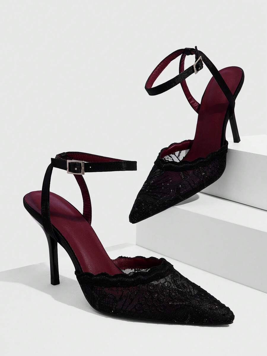 CUCCOO SZL 女士深红色时尚经典简约搭扣通勤办公休闲细高跟鞋 - 黑色 - 查看 1