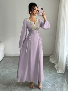 Yasmyna 女款優雅淺藍色刺繡長版阿巴雅洋裝，秋季婚禮賓客V領喇叭袖阿拉伯風保守波西米亞風綁帶收腰洋裝 - 紫色 - 查看 9