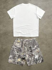 Manfinity ZONE917 男士街头风金属唇印迷彩印花T恤套装，两件套，夏季 - 白色 - 查看 2