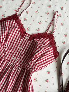 Glimmora Camiseta de tirantes casual y versátil con volantes de encaje a cuadros para mujer - Multicolor - Ver 3