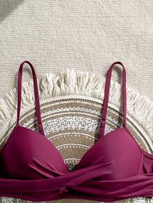 Swim Basics 女士纯色泳衣上装，适合度假、海滩、科切拉音乐节等场合 - 酒紅色 - 查看 5