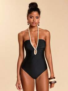 Travachic Women's Backless Halter One-Piece Swimsuit For Beach & Vacation One Piece Swimsuit Women - Black and White - View 6