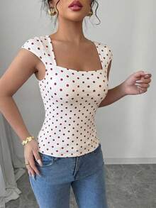 Selianne Polka Dot Square Collar Waist Cinched Elegant Romantic Refined Women T-Shirt - Red and White - View 5