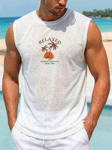 VIVINTIMO 男士热带字母印花图案休闲夏季无袖背心 - 白色 - 查看 1