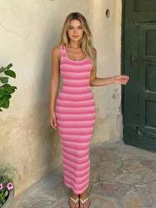 Sleeveless U-Neck Sexy Contrast Stripe Knit Dress, Waist-Cinching, Chic & Slimming, Spring/Summer - Pink - View 3
