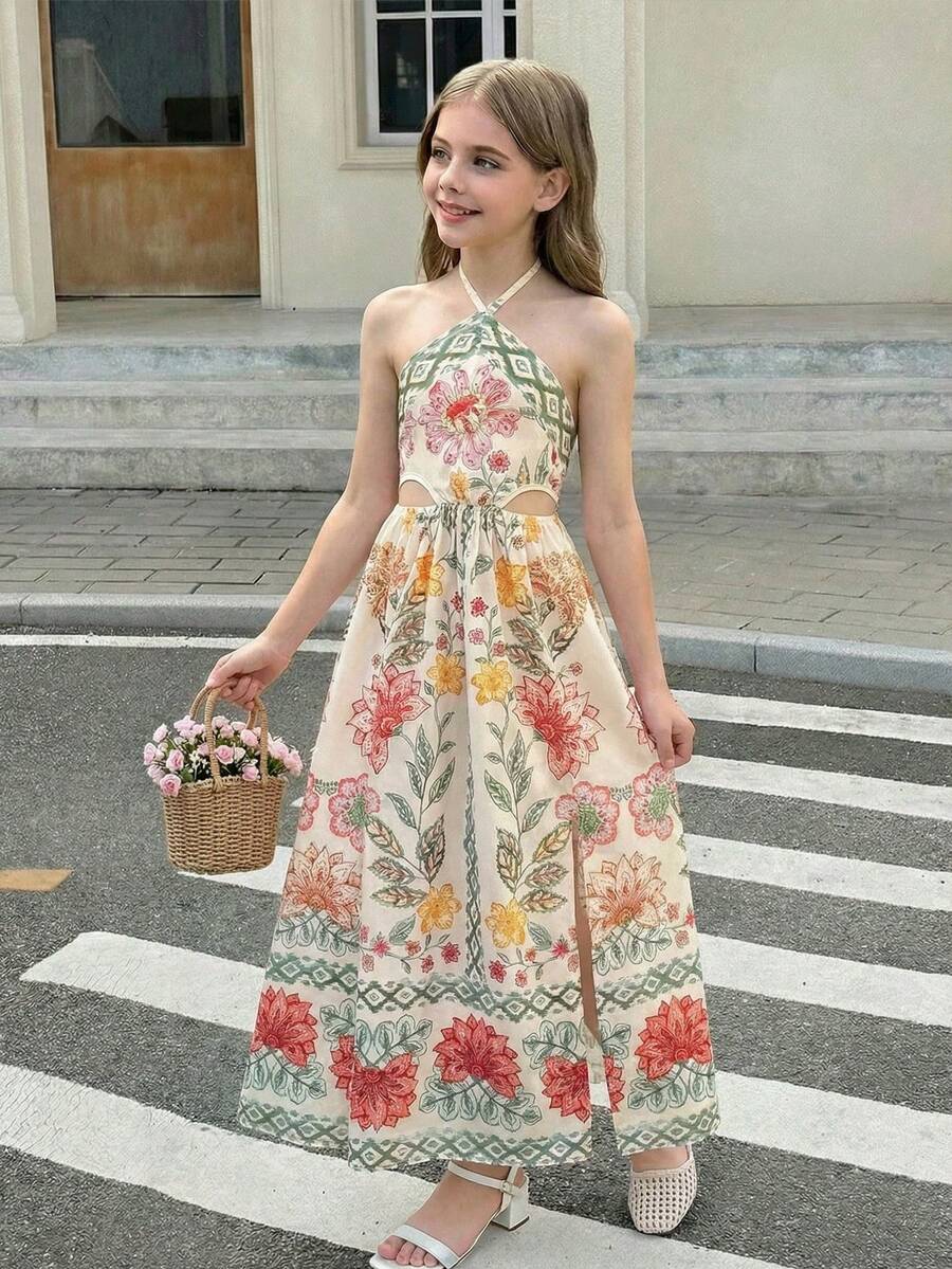 SHEIN 少女碎花印花露背镂空腰部长款沙滩度假连衣裙 - 彩色 - 查看 1