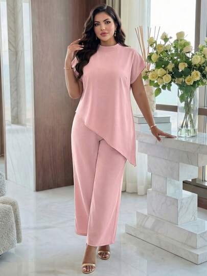 SHEIN Lady 大码女式纯色金属光泽圆领宽松不对称下摆优雅上衣，情人节新年派对长袖上衣，情人节新年派对女式上衣