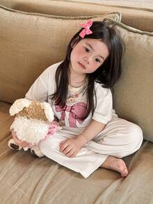 DAZY 2件套少女印花圆领针织短袖T恤和裤子家居服套装，秋季款 - 白色 - 查看 6