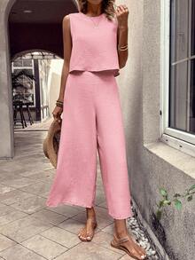 Zayélia Women's Solid Color Round Neck Top And Wide Leg Pants Casual 2 Pieces Set - Pink - View 6