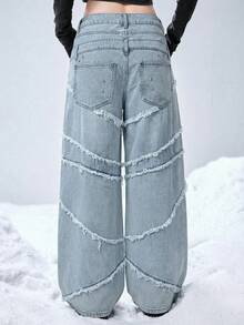 ROMWE EDITION 破洞喇叭低腰女式牛仔裤 - 淺藍色 - 查看 3