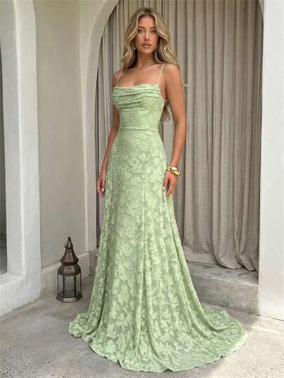 Aloruh Women's 'Elegant Spaghetti Strap Backless Green Jacquard Cutout Maxi Dress For Women,Summer Holiday Outfits,Vacation Outfits Women,Floral Dress,Elegant Dress For Women,Summer Dress,Beach Dress,Vacation Dress,Green Dress,Green Dresses For Women
