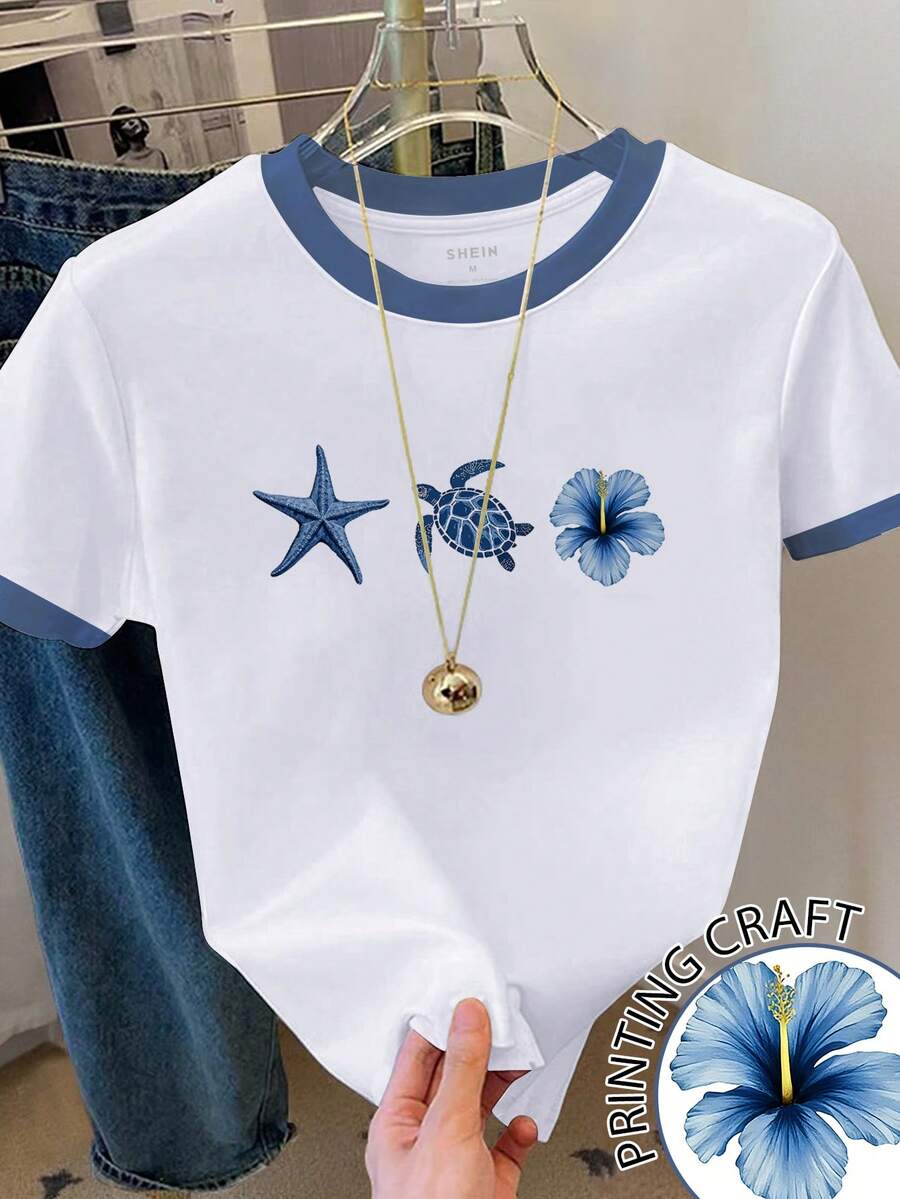Resyla Women's Color Block Round Neck Starfish, Turtle, Flower Print T-Shirt - White - View 1