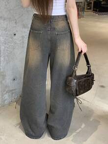 FRIFUL 女士系带口袋阔腿宽松休闲百搭牛仔裤 - 藍色 - 查看 7