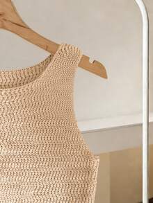 Franclia Đầm ngắn dệt kim không tay cổ tròn dáng suông dành cho nữ, màu be, thích hợp cho mùa xuân và mùa hè. - Màu be - Xem 4