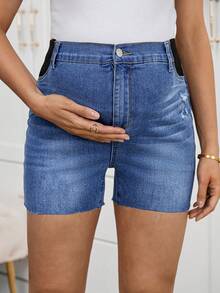 SHEIN Celana Pendek Denim Skinny Sobek Warna Biru Muda Kasual Musim Panas untuk Ibu Hamil, Celana Pendek Jeans dengan Penopang Perut Elastis dan Ujung Berumbai, Gaya Chic Y2k - Biru - View 6