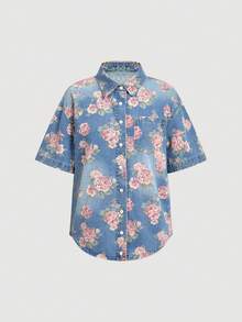 Sweetra 女士休闲宽松百搭牛仔上衣，适合夏季度假穿着 - 淺色水洗藍 - 查看 1