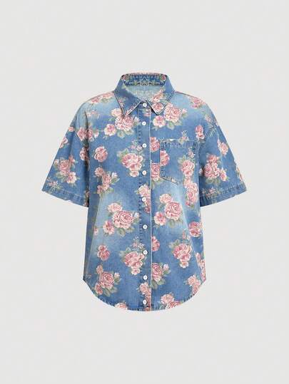 Sweetra Women's Casual Loose Fit Versatile Denim Top For Summer Holiday Outfit