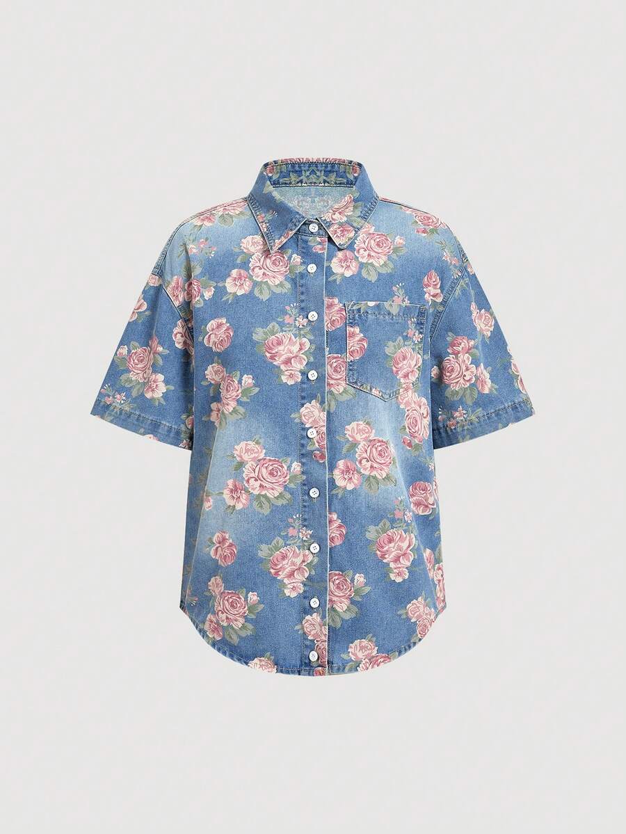 Sweetra 女士休闲宽松百搭牛仔上衣，适合夏季度假穿着 - 淺色水洗藍 - 查看 1