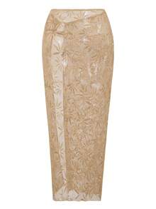 Swim Oasis 2026新款女士夏季沙滩度假树叶纹理网纱特殊面料串珠垂褶领口系带露背全罩杯文胸宽松性感吊带三角泳裤长系腰荷叶边裙侧开衩三件套比基尼高端泳衣套装，女士沙滩装，女士夏季套装，沙滩裙套装 - 棕色 - 查看 7