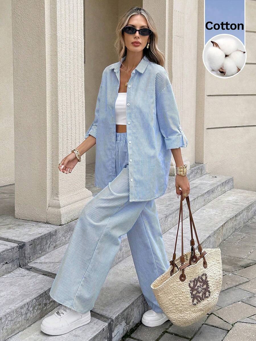 Serisse Conjunto de invierno para mujer que incluye blusas, camisa de manga enrollada de un solo botonadura y unicolor, y pantalones de pierna ancha. Conjunto de dos piezas de invierno con manga larga para mujer. - Azul y blanco - Ver 1